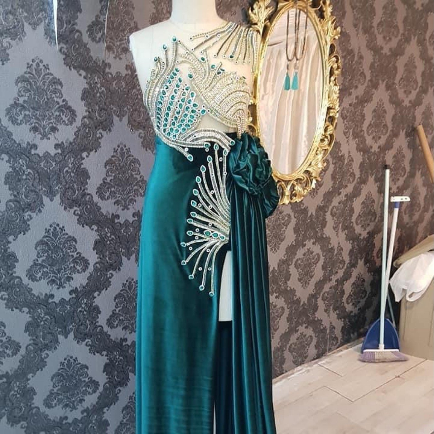 Teal Crystal Evening Gown